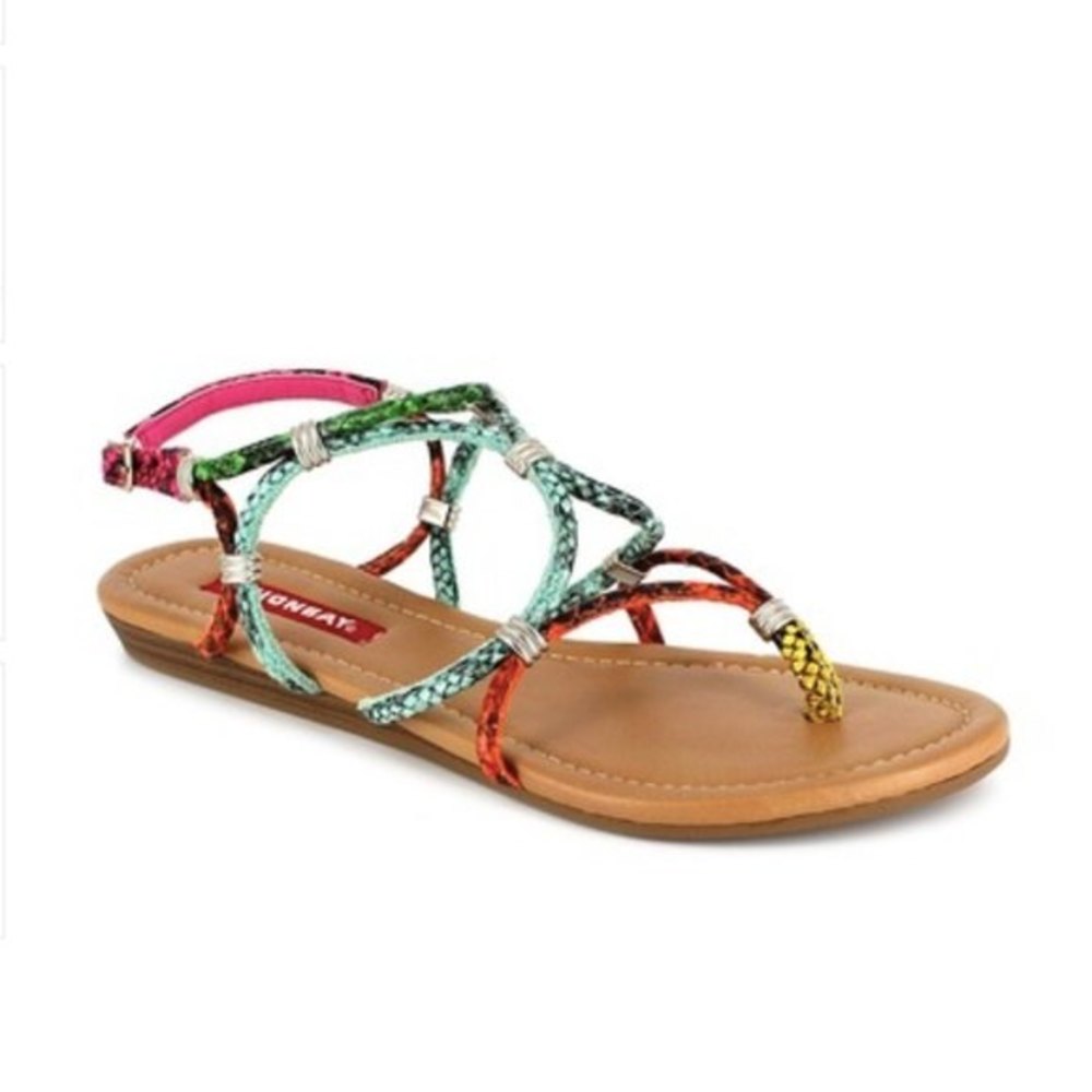 Unionbay snake skin print thong flat sandal size 8.5 Green Orange Pink *